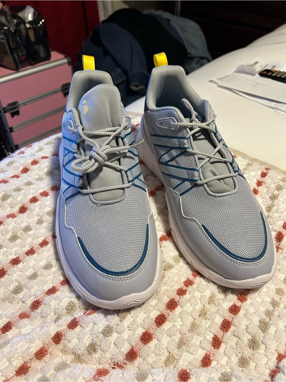 Men's Grey Sneakers with Blue Accents and Yellow Heel Tab